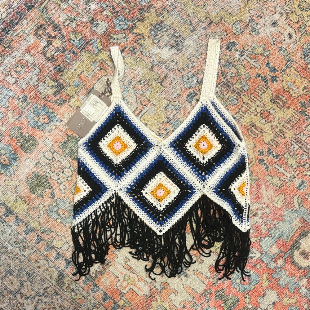 Crochet Diamond Fringe Halter Top - White, Black, Blue, Yellow